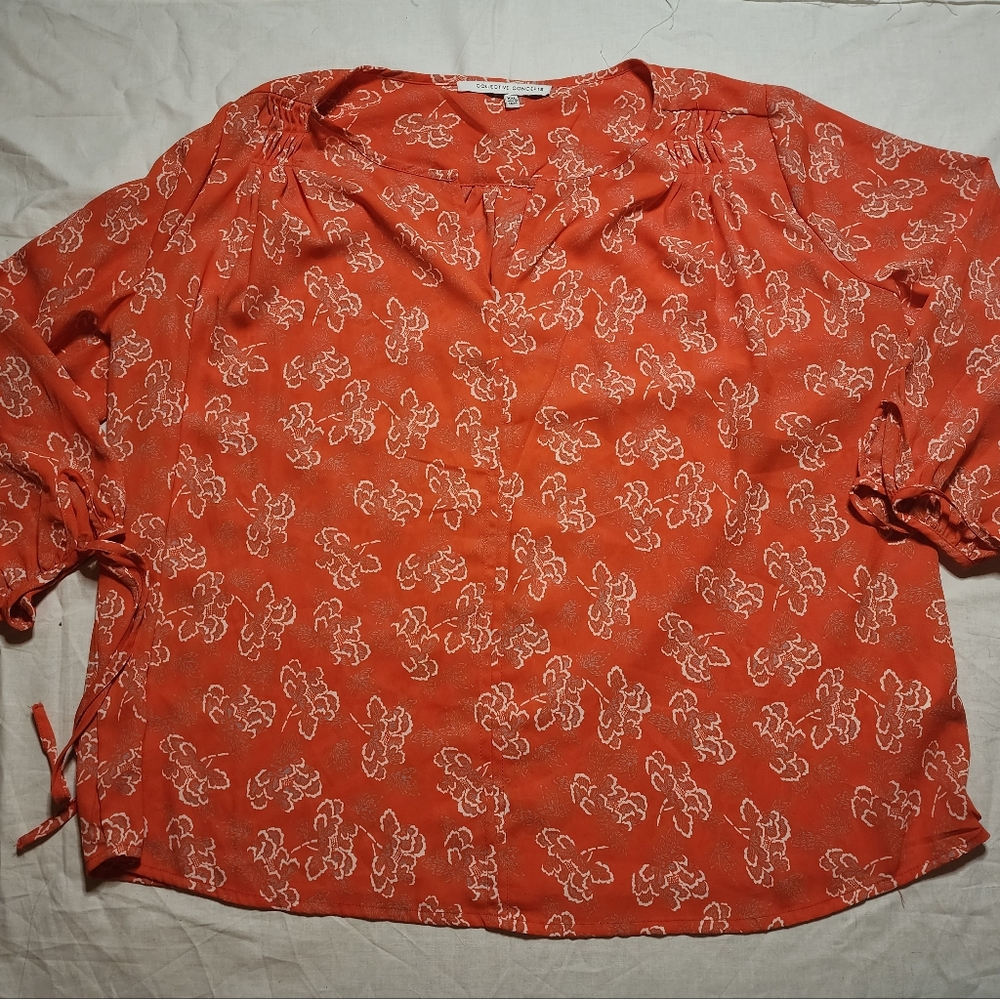 Collective Concepts Blouse Women's XXL Orange Flower Shirt 3/4 Sleeve V-Neck Top
